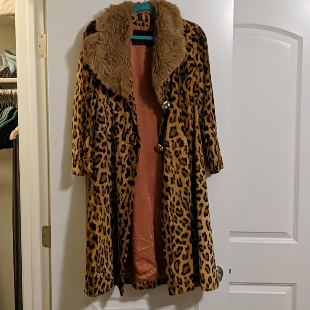 Vintage Leopard Print Fur Trench Coat L